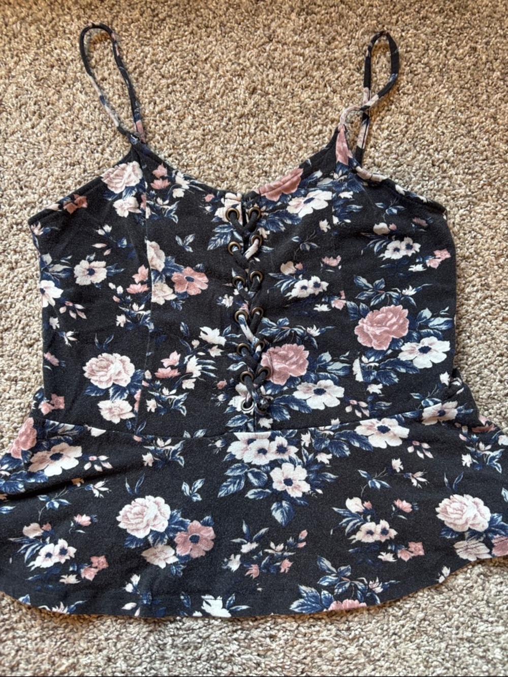Floral Lace-Up Cami Tank Top - Black with Pink & Cream Flowers